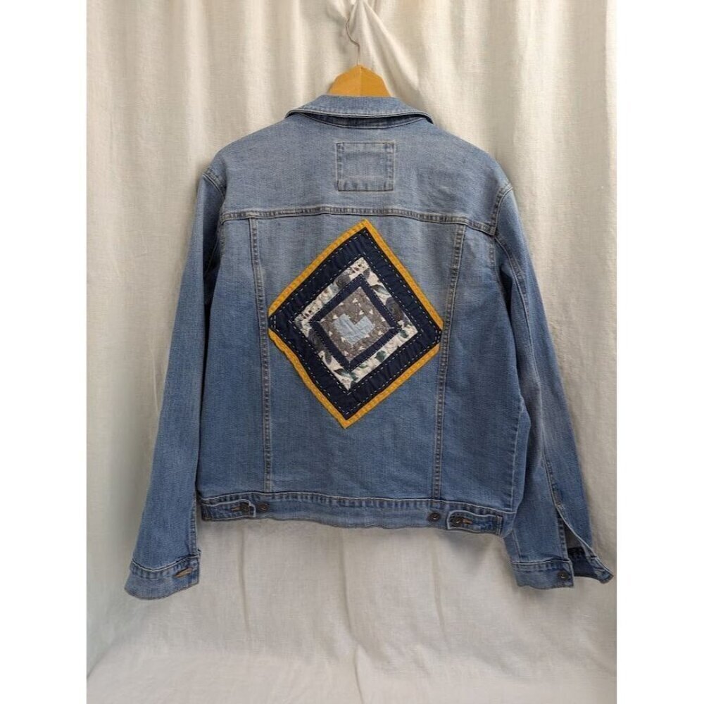 Good Fellow One of a kind jean jacket, hand quilted heart patch women's Large - Picture 2 of 8
